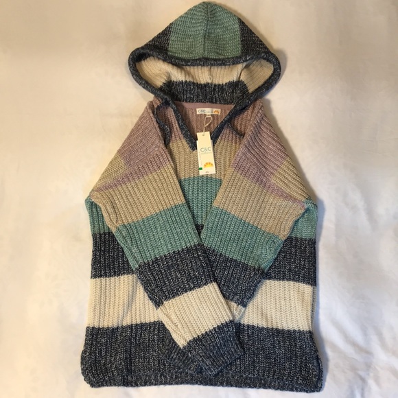 NWT C&C California Marl Striped Chunky Hooded V-Neck Sweater - Picture 12 of 14